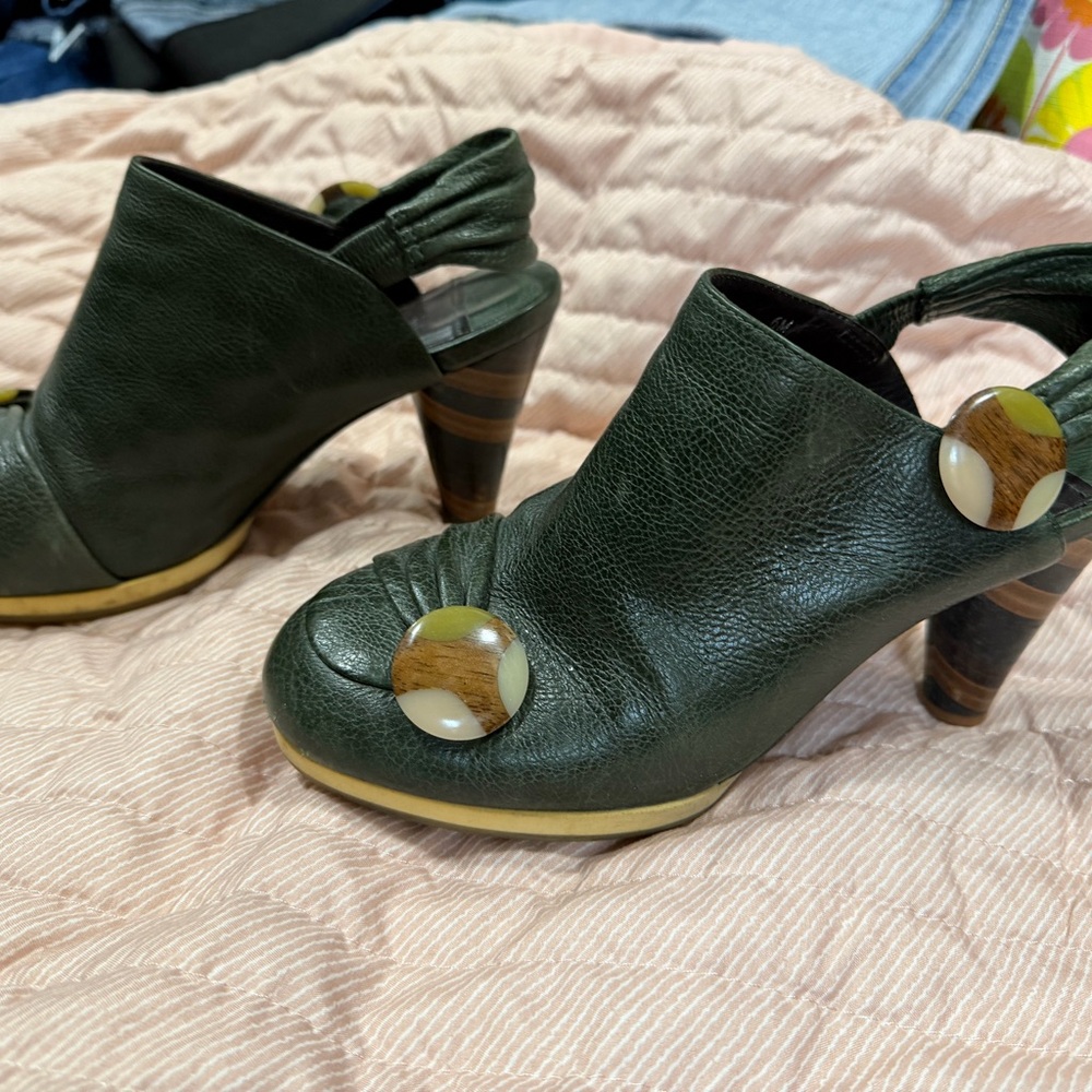 Dark Green Leather Slingback Heels with Decorative Button Accent